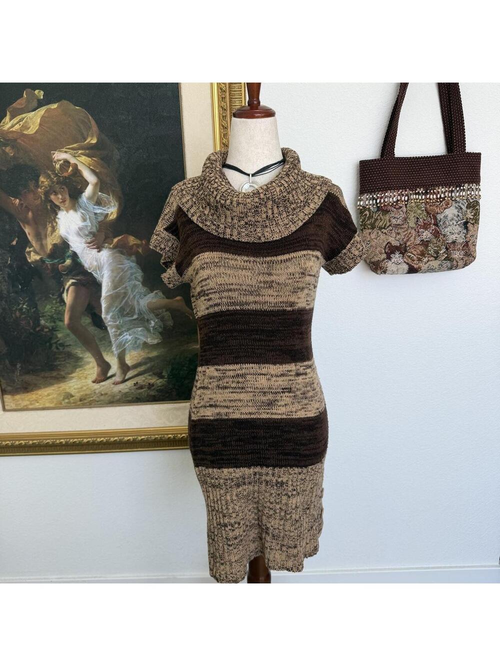 Y2K Autumn Striped Cowl Neck Sweater Dress